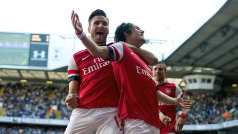 Olivier Giroud and Tomas Rosciky celebrate Arsenal's opening goal
